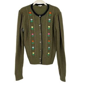 Manoush Wool Blend Embroidered Cardigan Grandmacore Sweater Size M Green French